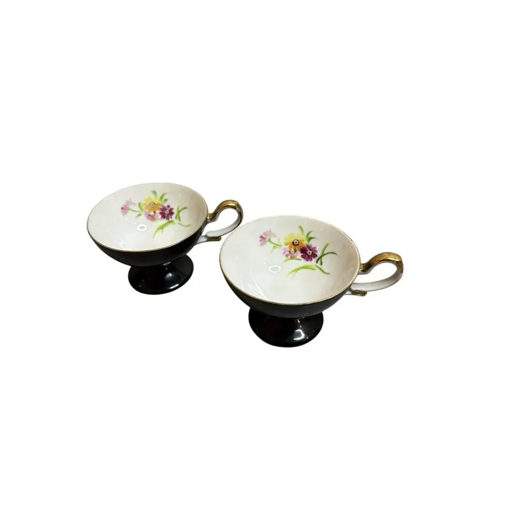 Unarco Occupied Japan Footed Tea Cups Pair Black Gold Floral Interior Vintage